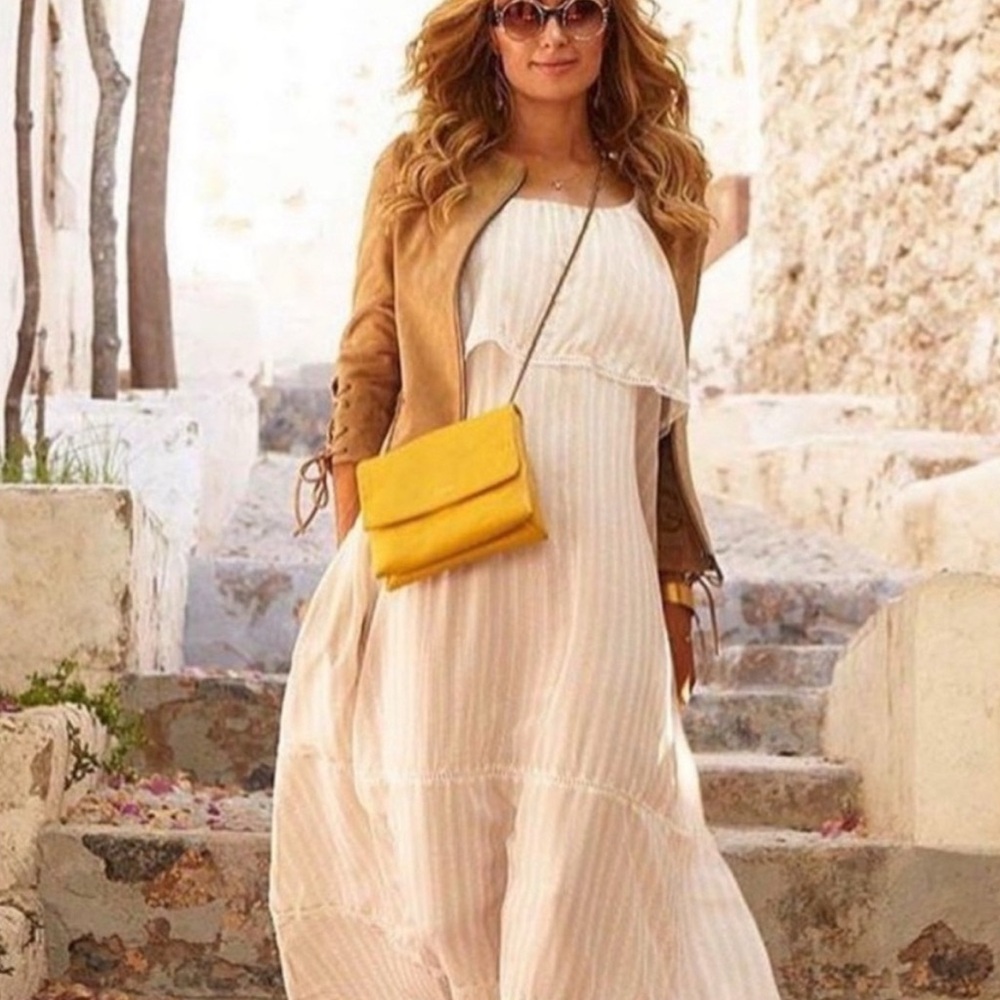 ANINE BING Striped Tie Shoulder Maxi Boho Bohemian Dress Beige Cream